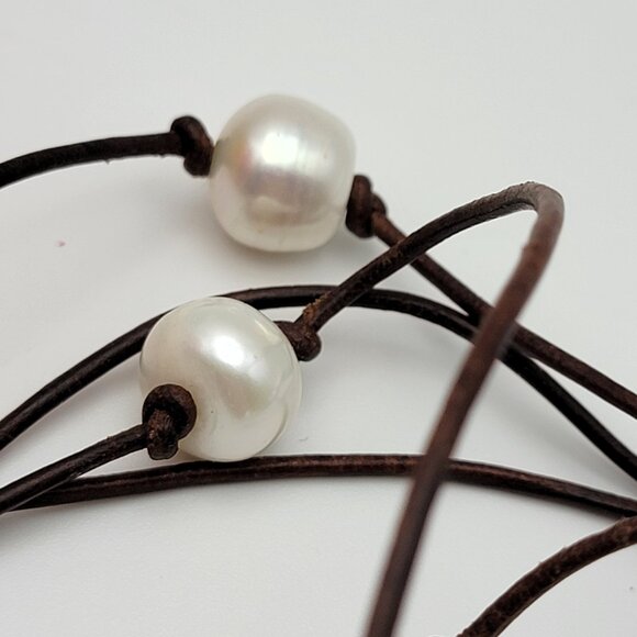 Bohemian White Baroque Pearl Brown Leather Cord Tassel Toggle Necklace 38" - Picture 7 of 9